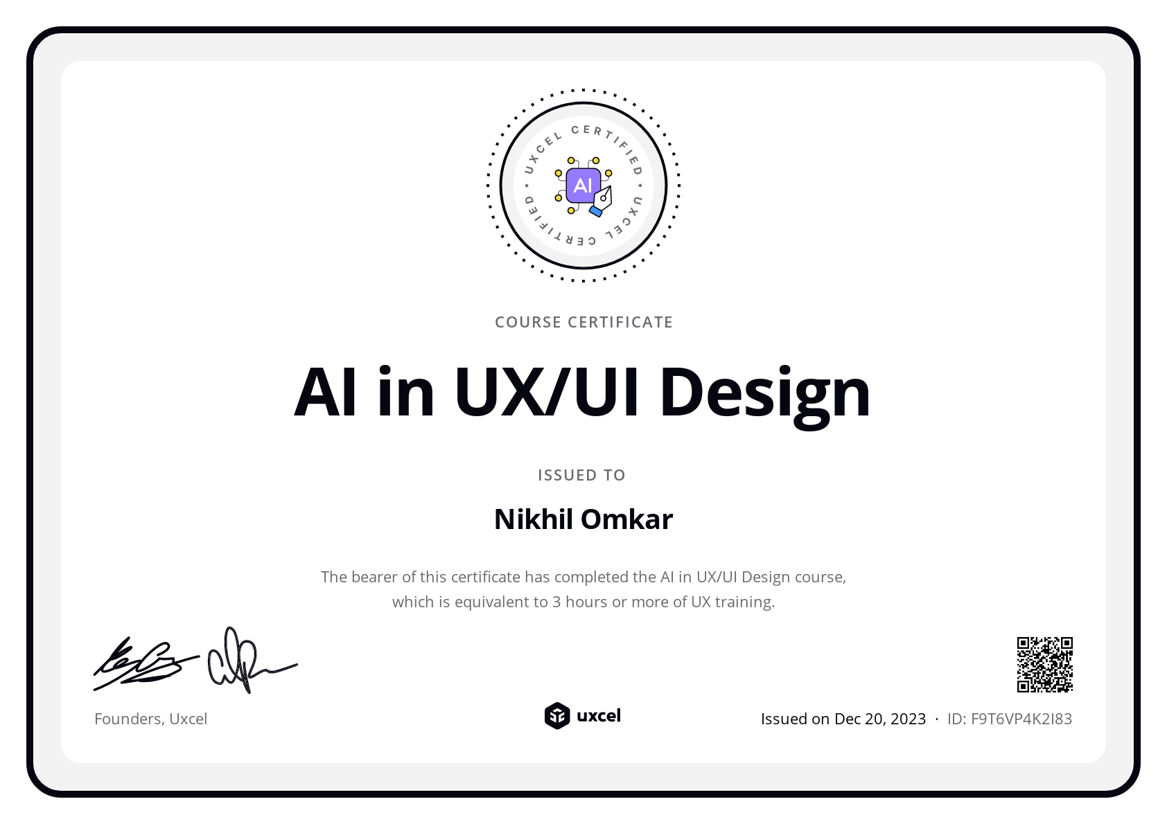 Nikhil Omkar's certificate